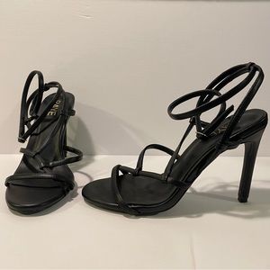 Revolve RAYE Martini Black Leather Strappy Ankle Wrap High Heel Sandal Sz 8.5